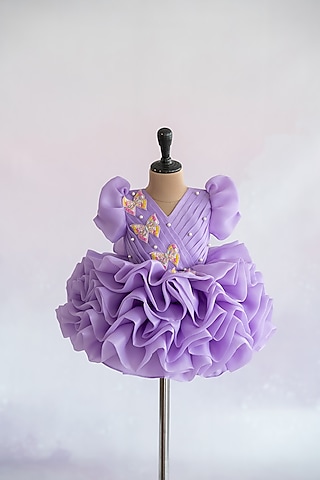 Lavender Butter Organza Butterfly Embroidered Layered Puffy Dress For Girls by Ruchikalathlabel