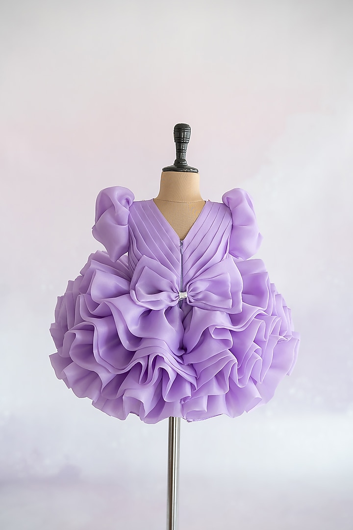 Lavender Butter Organza Butterfly Embroidered Layered Puffy Dress For Girls by Ruchikalathlabel at Pernia's Pop Up Shop