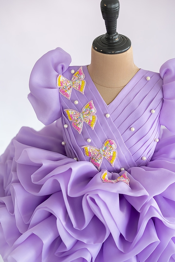 Lavender Butter Organza Butterfly Embroidered Layered Puffy Dress For Girls by Ruchikalathlabel at Pernia's Pop Up Shop