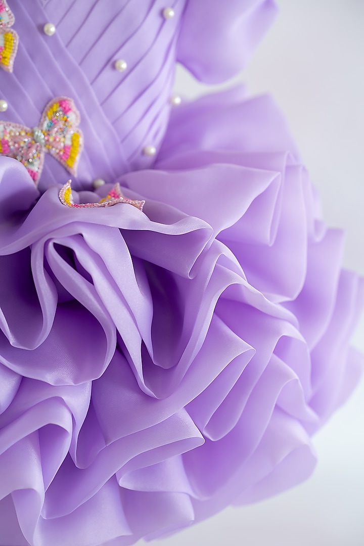 Lavender Butter Organza Butterfly Embroidered Layered Puffy Dress For Girls by Ruchikalathlabel at Pernia's Pop Up Shop