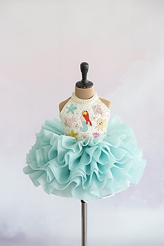 Blue Butter Organza Mermaid Patch Embroidered Layered Puffy Dress For Girls by Ruchikalathlabel