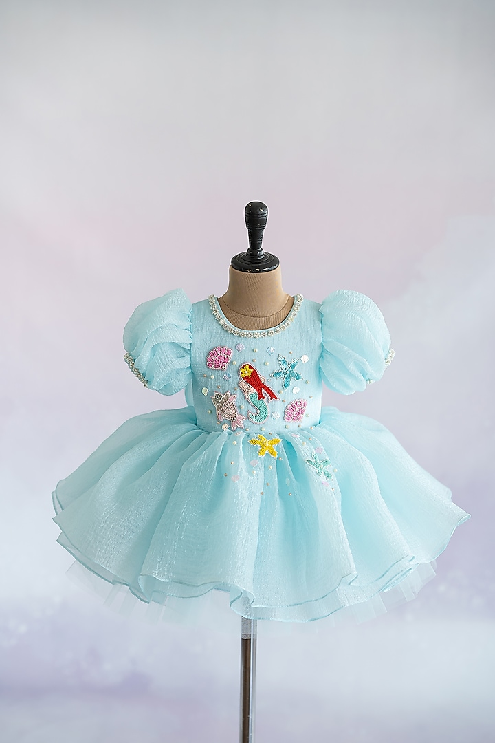 Blue Shimmer Organza Mermaid Embroidered Fluffy Dress For Girls by Ruchikalathlabel at Pernia's Pop Up Shop