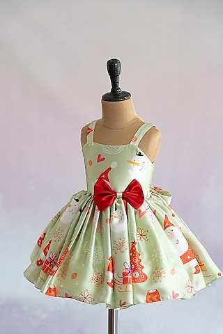 Mint Green Japan Satin Christmas Printed Dress by Ruchikalathlabel