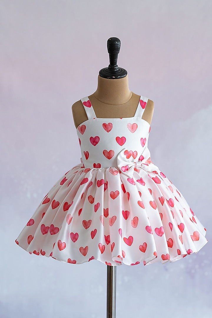 White Japan Satin Hearts Printed Dress by Ruchikalathlabel at Pernia's Pop Up Shop