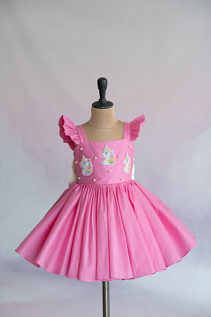 Pink Taffeta Unicorn Embroidered Flared Dress For Girls by Ruchikalathlabel at Pernia's Pop Up Shop