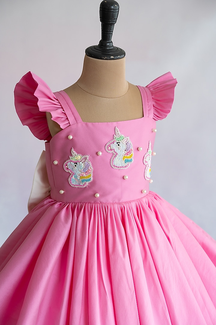 Pink Taffeta Unicorn Embroidered Flared Dress For Girls by Ruchikalathlabel at Pernia's Pop Up Shop