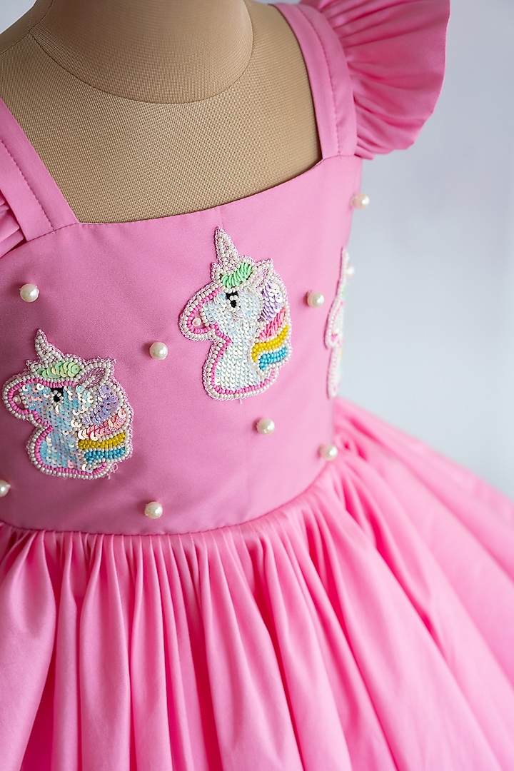 Pink Taffeta Unicorn Embroidered Flared Dress For Girls by Ruchikalathlabel at Pernia's Pop Up Shop