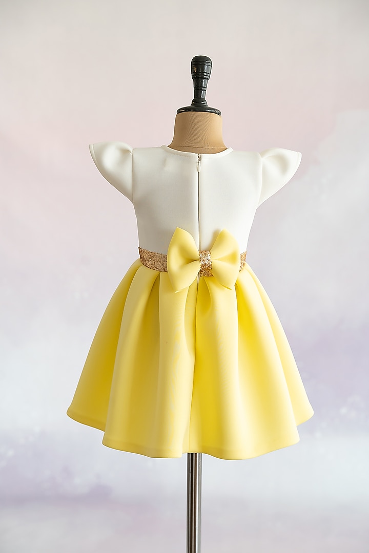 Yellow Soft Neoprene Simba Hand Embroidered Box-Pleated Dress For Girls by Ruchikalathlabel at Pernia's Pop Up Shop