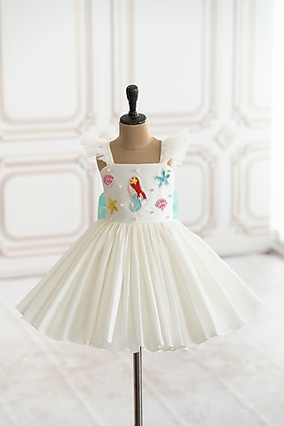Off-White Taffeta Mermaid Embroidered Flared Dress For Girls by Ruchikalathlabel
