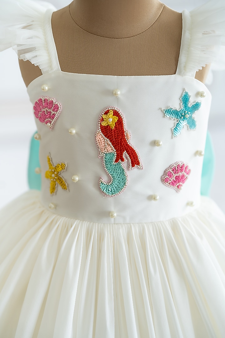 Off-White Taffeta Mermaid Embroidered Flared Dress For Girls by Ruchikalathlabel at Pernia's Pop Up Shop