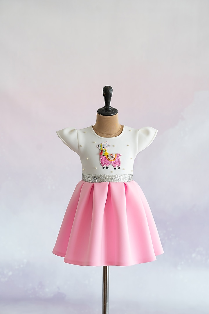 Pink Soft Neoprene Hand Embroidered Box-Pleated Dress For Girls by Ruchikalathlabel