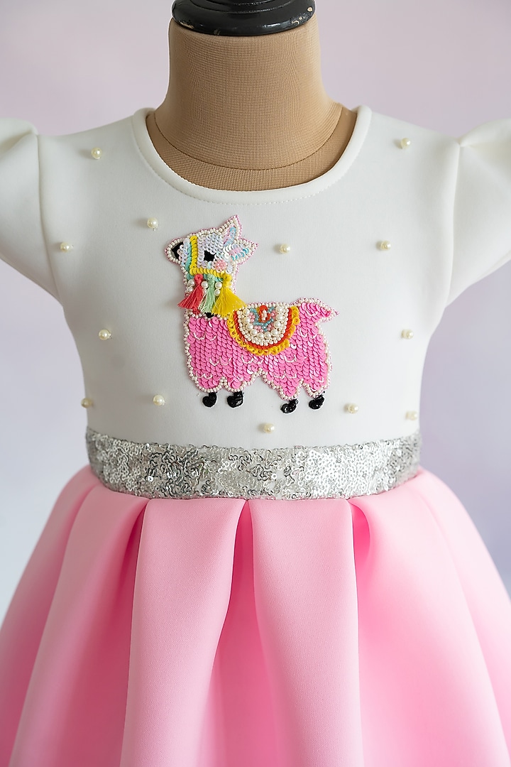 Pink Soft Neoprene Hand Embroidered Box-Pleated Dress For Girls by Ruchikalathlabel at Pernia's Pop Up Shop