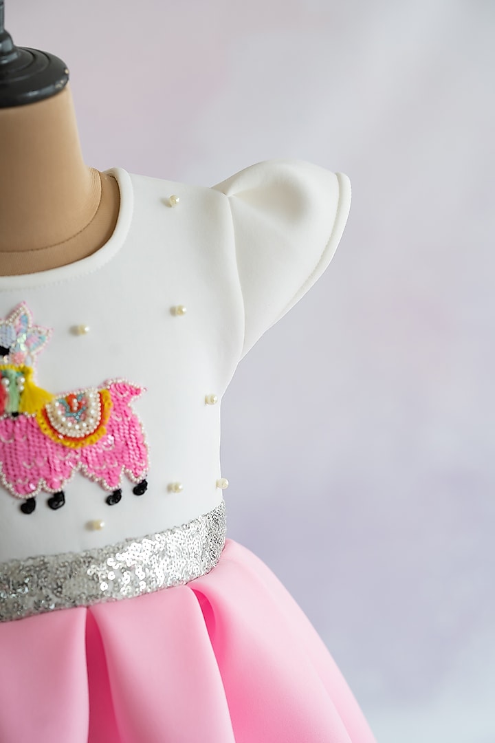 Pink Soft Neoprene Hand Embroidered Box-Pleated Dress For Girls by Ruchikalathlabel at Pernia's Pop Up Shop