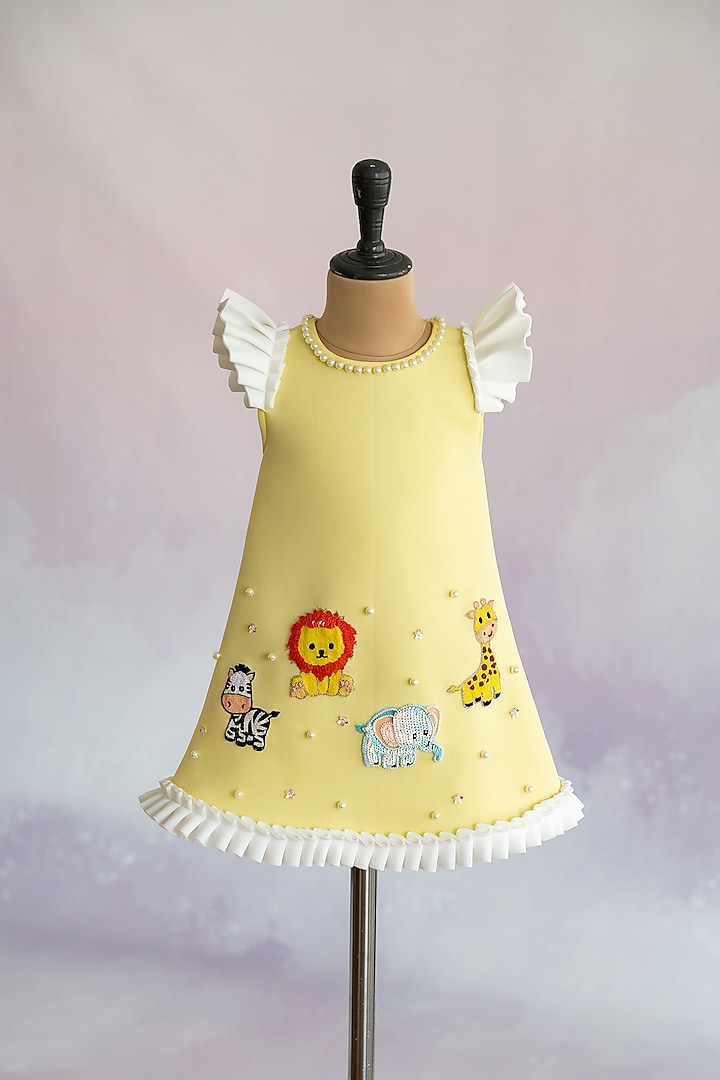 Yellow Scuba Animal Motif Hand Embroidered A-Line Dress For Girls by Ruchikalathlabel at Pernia's Pop Up Shop