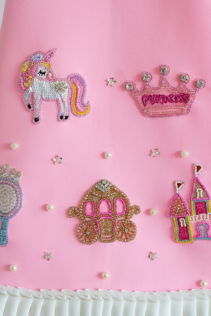 Pink Scuba Motif Hand Embroidered A-Line Dress For Girls by Ruchikalathlabel at Pernia's Pop Up Shop
