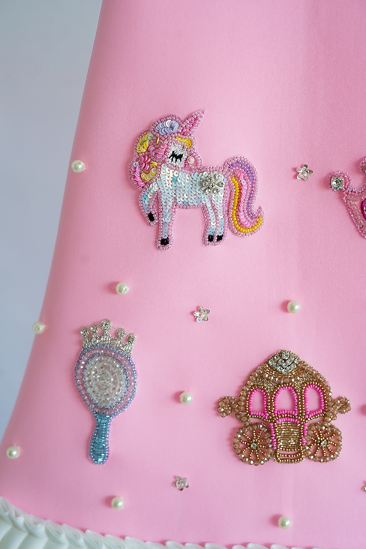 Pink Scuba Motif Hand Embroidered A-Line Dress For Girls by Ruchikalathlabel at Pernia's Pop Up Shop