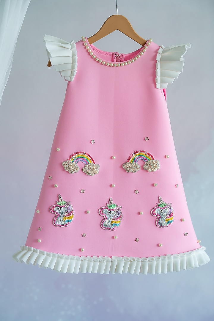 Pink Scuba Unicorn & Rainbow Hand Embroidered A-Line Dress For Girls by Ruchikalathlabel