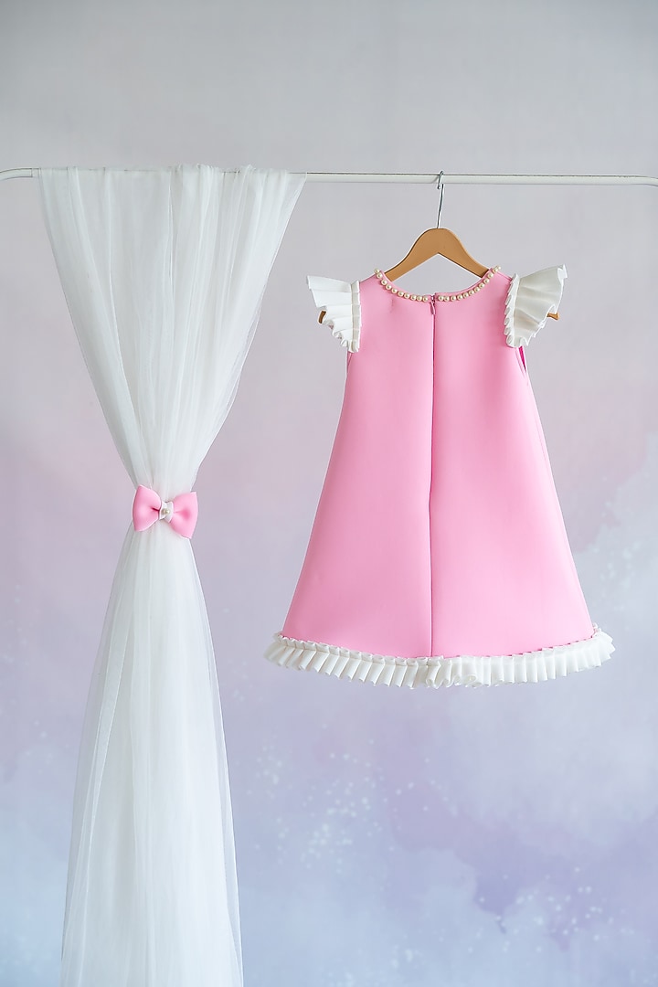 Pink Scuba Unicorn & Rainbow Hand Embroidered A-Line Dress For Girls by Ruchikalathlabel at Pernia's Pop Up Shop
