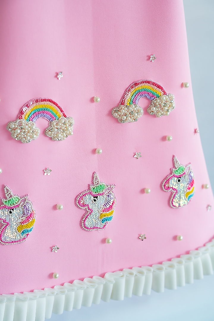 Pink Scuba Unicorn & Rainbow Hand Embroidered A-Line Dress For Girls by Ruchikalathlabel at Pernia's Pop Up Shop
