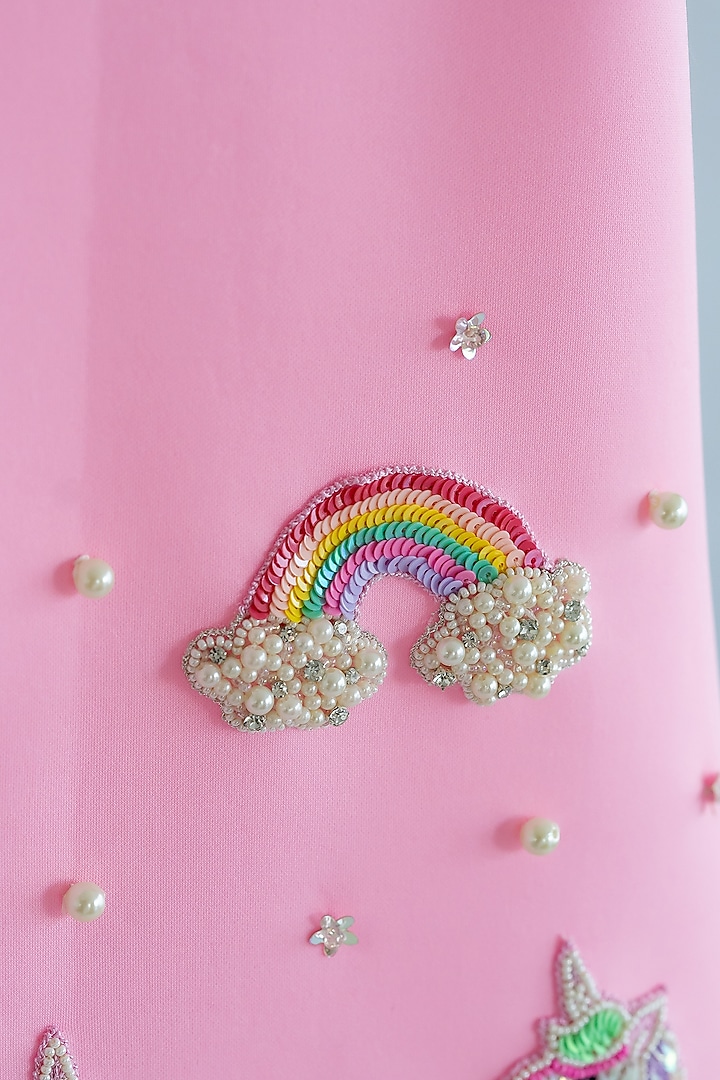 Pink Scuba Unicorn & Rainbow Hand Embroidered A-Line Dress For Girls by Ruchikalathlabel at Pernia's Pop Up Shop