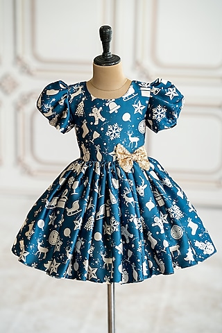 Blue Japan Satin Pleated Dress For Girls by Ruchikalathlabel