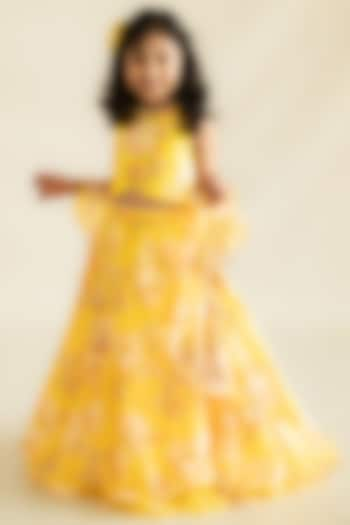 Yellow Butter Organza Floral Printed Hand Embroidered Lehenga Set For Girls by Ruchikalathlabel at Pernia's Pop Up Shop