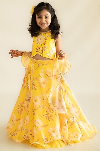 Yellow Butter Organza Floral Printed Hand Embroidered Lehenga Set For Girls by Ruchikalathlabel