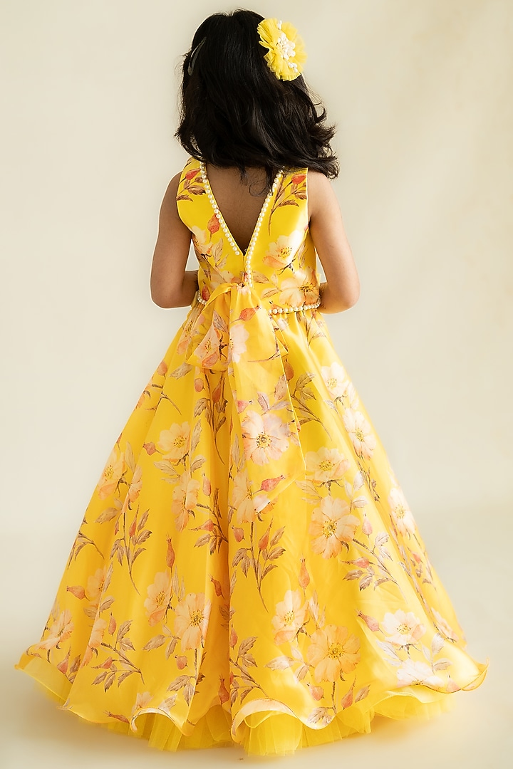Yellow Butter Organza Floral Printed Hand Embroidered Lehenga Set For Girls by Ruchikalathlabel at Pernia's Pop Up Shop