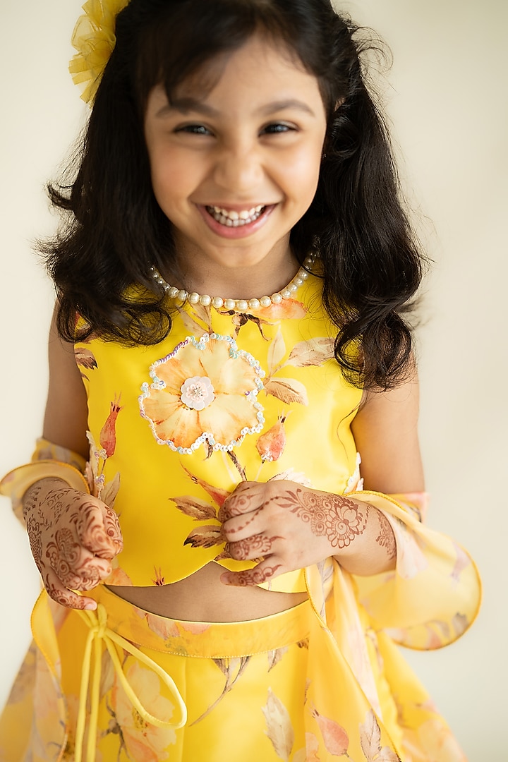 Yellow Butter Organza Floral Printed Hand Embroidered Lehenga Set For Girls by Ruchikalathlabel at Pernia's Pop Up Shop