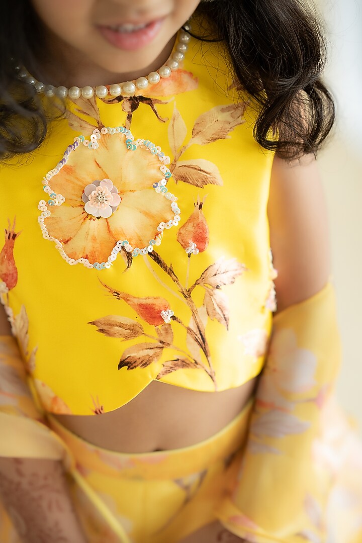 Yellow Butter Organza Floral Printed Hand Embroidered Lehenga Set For Girls by Ruchikalathlabel at Pernia's Pop Up Shop