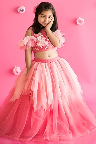 Pink Tulle Net Ombre Layered Hand Embroidered Lehenga Set For Girls by Ruchikalathlabel