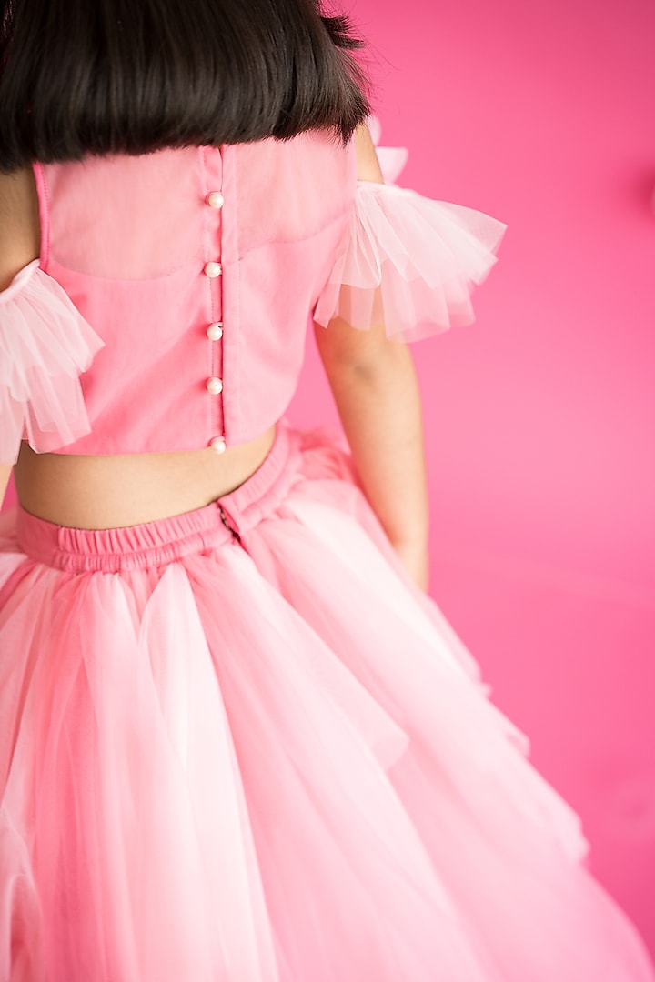 Pink Tulle Net Ombre Layered Hand Embroidered Lehenga Set For Girls by Ruchikalathlabel at Pernia's Pop Up Shop