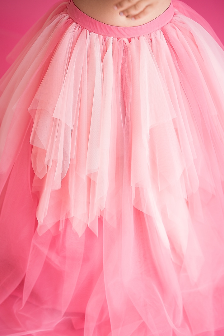 Pink Tulle Net Ombre Layered Hand Embroidered Lehenga Set For Girls by Ruchikalathlabel at Pernia's Pop Up Shop