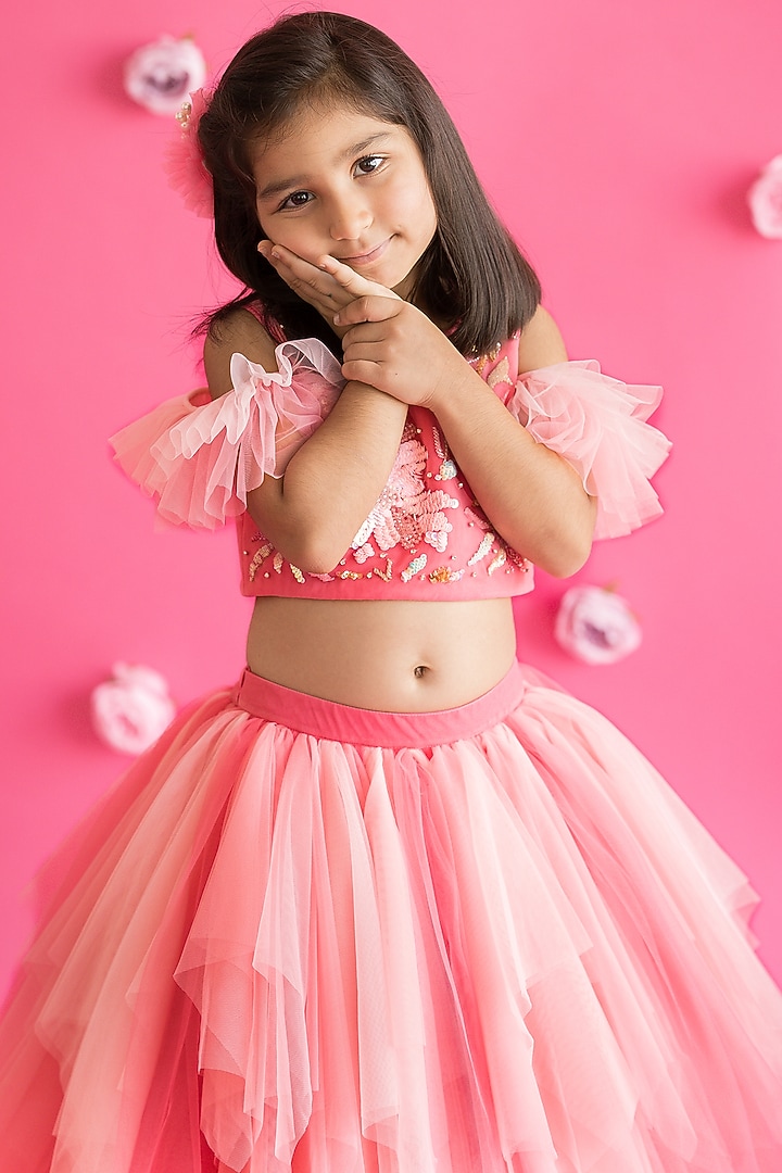 Pink Tulle Net Ombre Layered Hand Embroidered Lehenga Set For Girls by Ruchikalathlabel at Pernia's Pop Up Shop