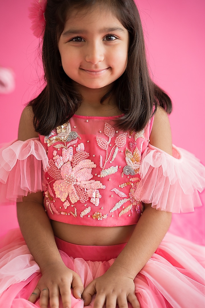 Pink Tulle Net Ombre Layered Hand Embroidered Lehenga Set For Girls by Ruchikalathlabel at Pernia's Pop Up Shop
