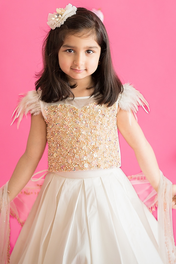 White Taffeta Pleated Lehenga Set For Girls by Ruchikalathlabel at Pernia's Pop Up Shop