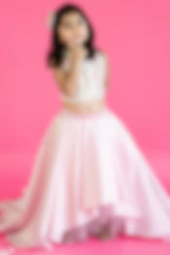 White & Pink Bridal Satin High-Low Skirt Set For Girls by Ruchikalathlabel at Pernia's Pop Up Shop