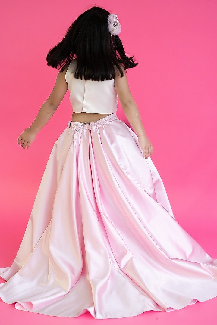 White & Pink Bridal Satin High-Low Skirt Set For Girls by Ruchikalathlabel at Pernia's Pop Up Shop