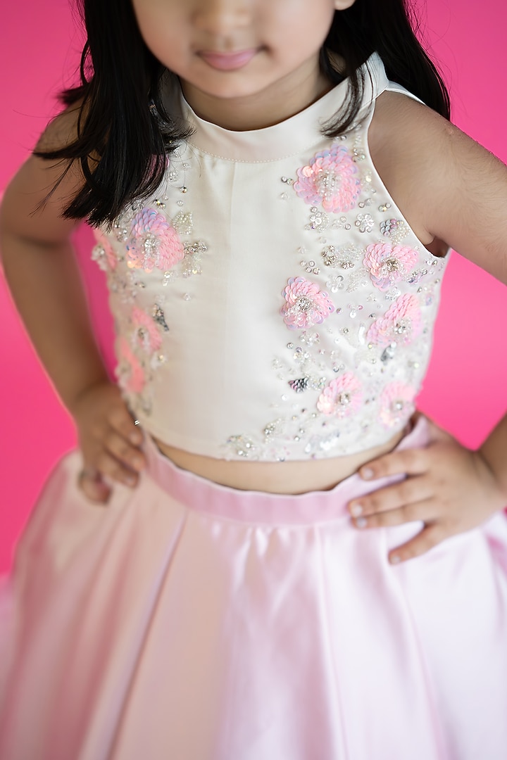 White & Pink Bridal Satin High-Low Skirt Set For Girls by Ruchikalathlabel at Pernia's Pop Up Shop