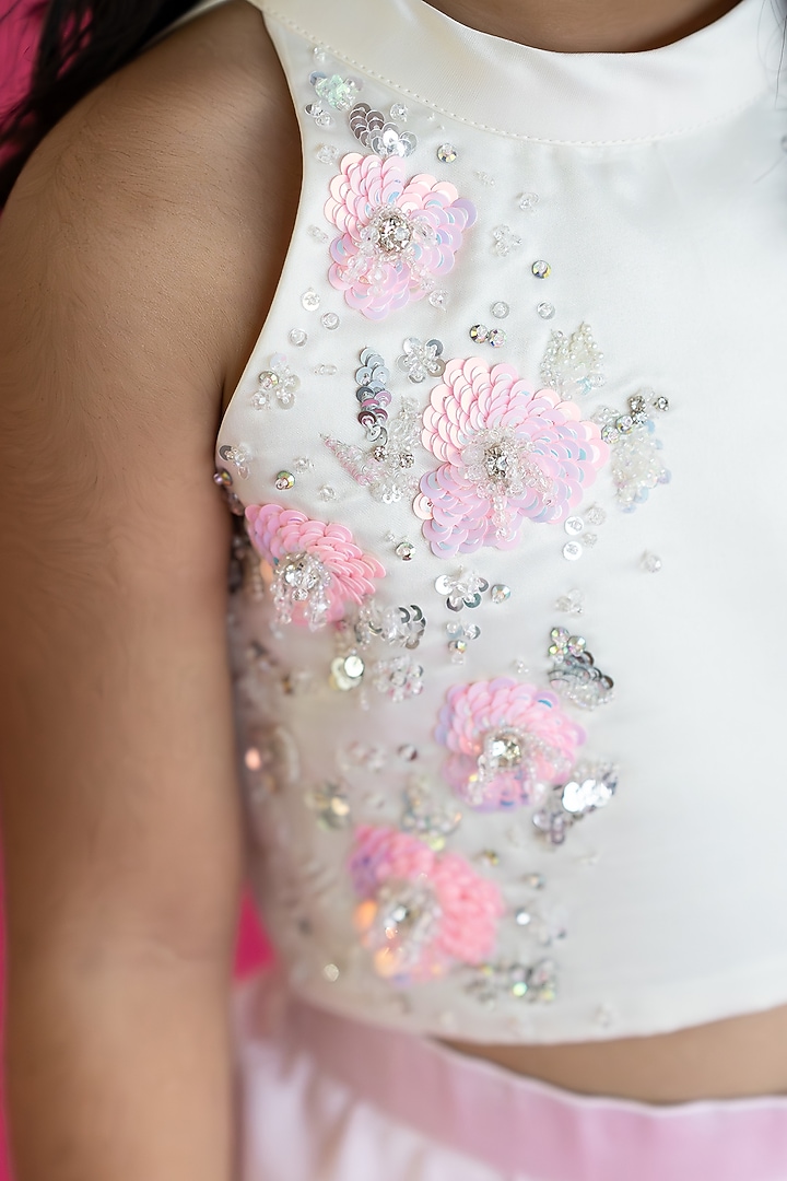 White & Pink Bridal Satin High-Low Skirt Set For Girls by Ruchikalathlabel at Pernia's Pop Up Shop