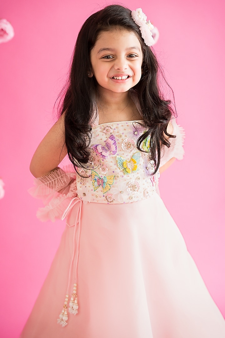 Pink Butter Organza Lehenga Set For Girls by Ruchikalathlabel at Pernia's Pop Up Shop