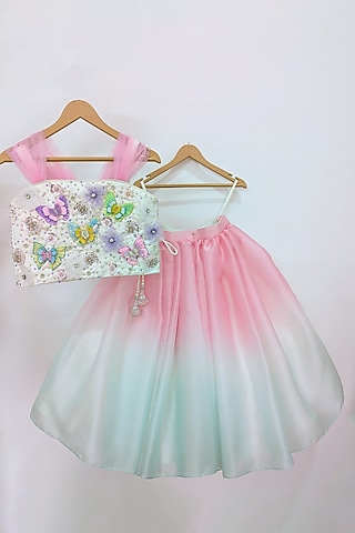 White & Ombre Satin Organza Lehenga Set For Girls by Ruchikalathlabel