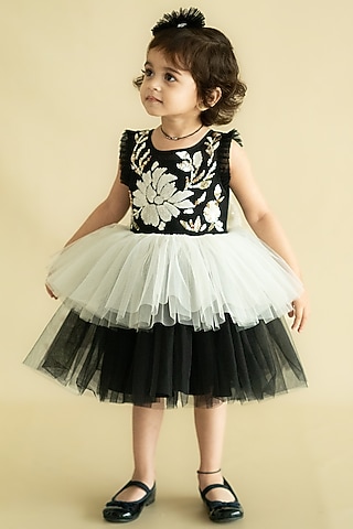 Black & Cream Tulle Net Hand Embroidered Layered Dress For Girls by Ruchikalathlabel