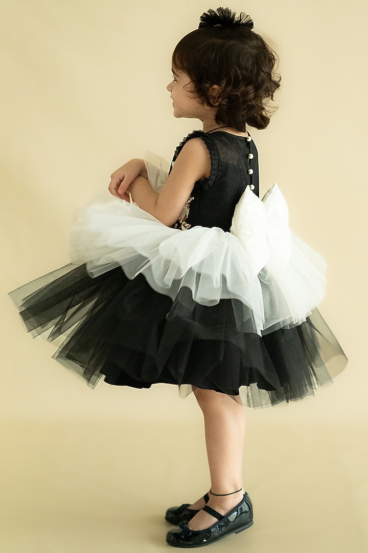 Black & Cream Tulle Net Hand Embroidered Layered Dress For Girls by Ruchikalathlabel at Pernia's Pop Up Shop