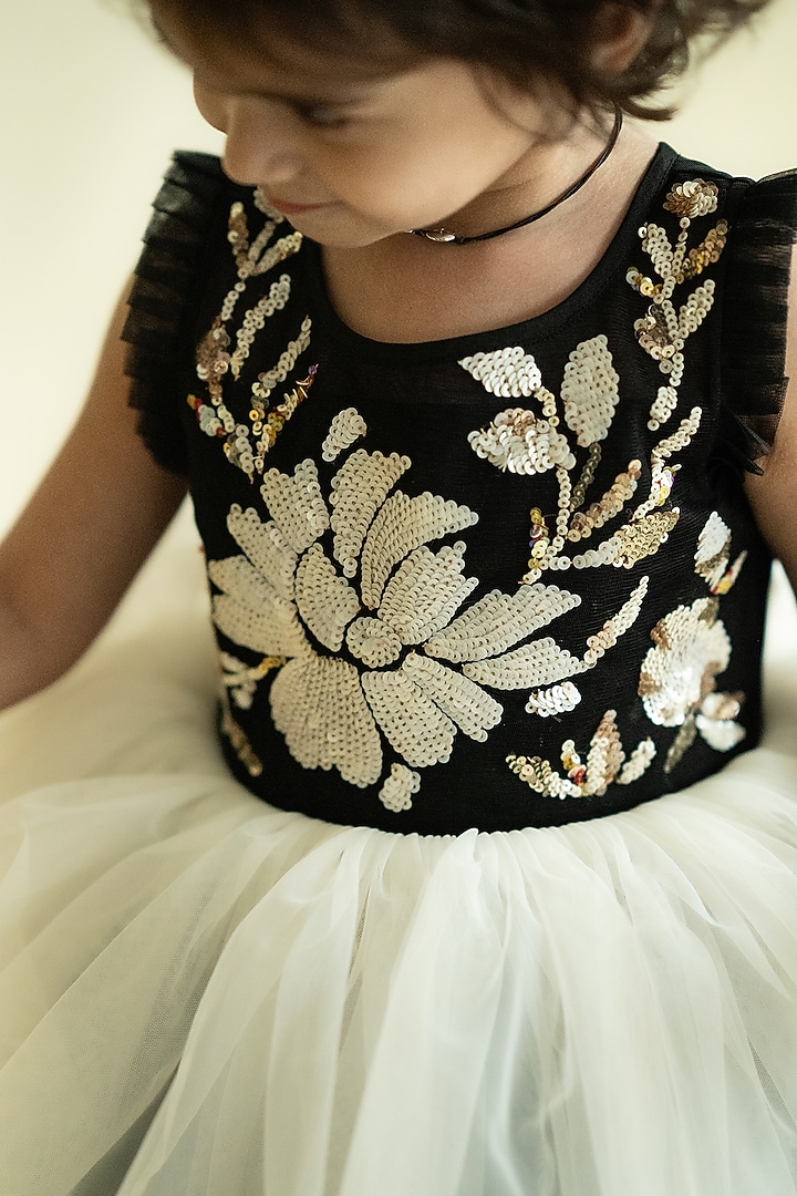 Black & Cream Tulle Net Hand Embroidered Layered Dress For Girls by Ruchikalathlabel at Pernia's Pop Up Shop
