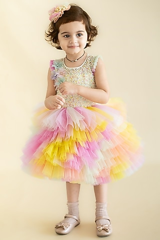 Multi-Colored Tulle Net Hand Embroidered Layered Dress For Girls by Ruchikalathlabel