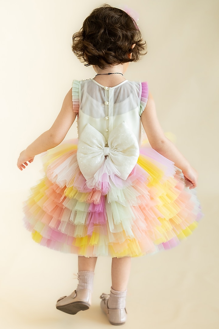 Multi-Colored Tulle Net Hand Embroidered Layered Dress For Girls by Ruchikalathlabel at Pernia's Pop Up Shop