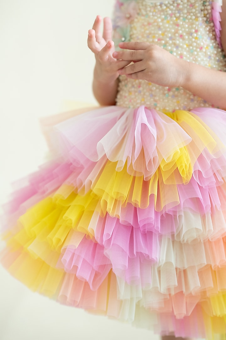 Multi-Colored Tulle Net Hand Embroidered Layered Dress For Girls by Ruchikalathlabel at Pernia's Pop Up Shop