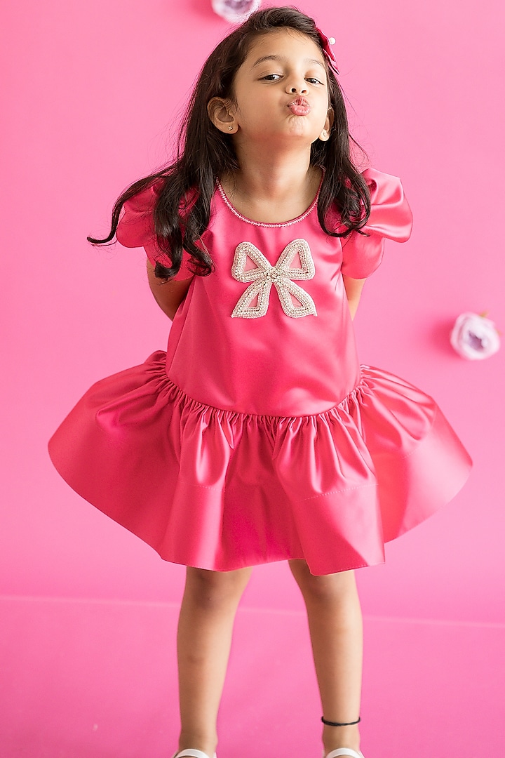 Pink Bridal Satin Hand Embroidered Dress For Girls by Ruchikalathlabel