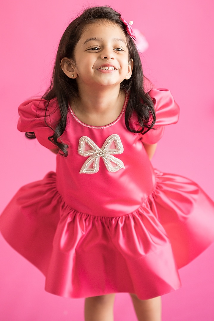 Pink Bridal Satin Hand Embroidered Dress For Girls by Ruchikalathlabel at Pernia's Pop Up Shop